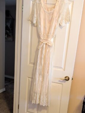 Vintage Cream Lace Maxi Dress with Satin Waist Tie